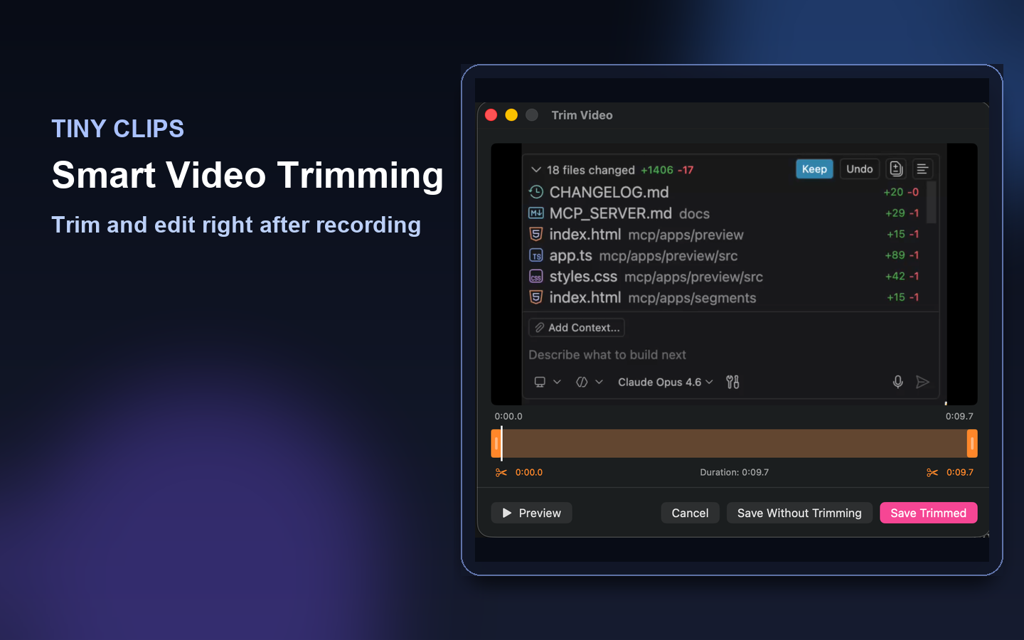 Tiny Clips App Store artwork showing video trimming and editing