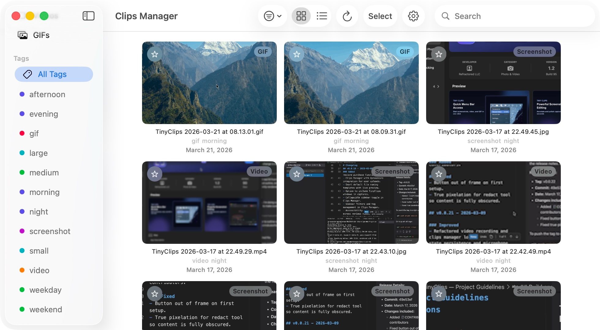 Tiny Clips Pro — Clips Manager showing organized screenshots, videos, and GIFs