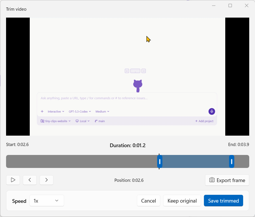 Tiny Clips on Windows video trimmer with duration controls and export options